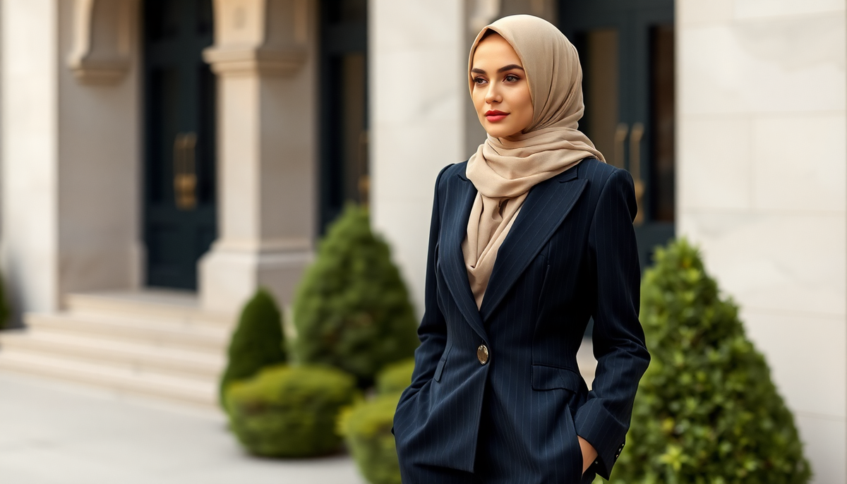 Elegant woman wearing a luxurious modest suit outdoors