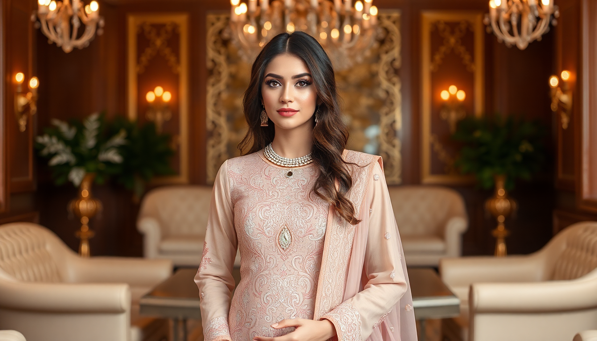 Elegant Pakistani formal suit in a luxurious setting female