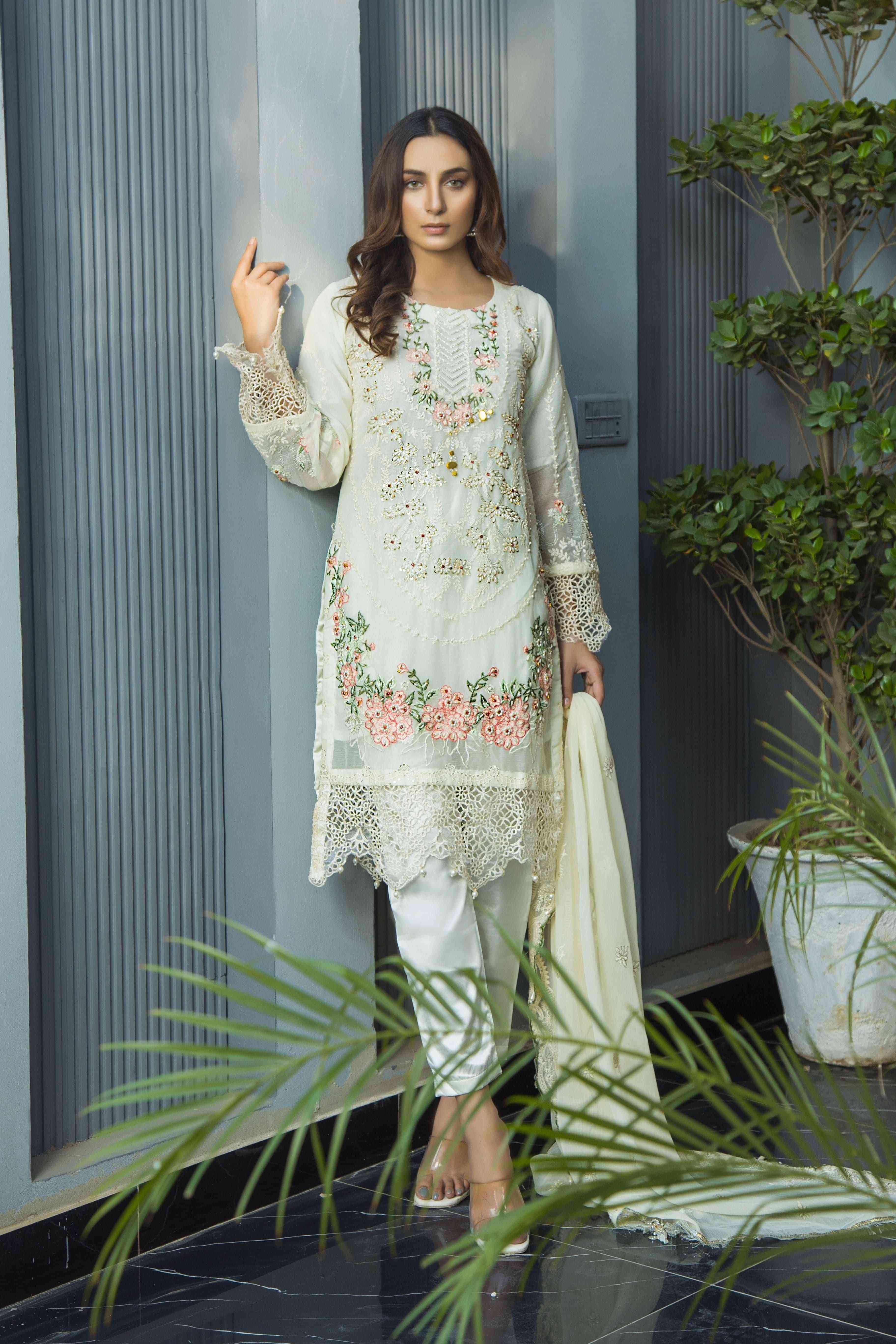 Latest Pakistani Party Wear UK Long Shirt with Flared Trouser Threads &  Motifs