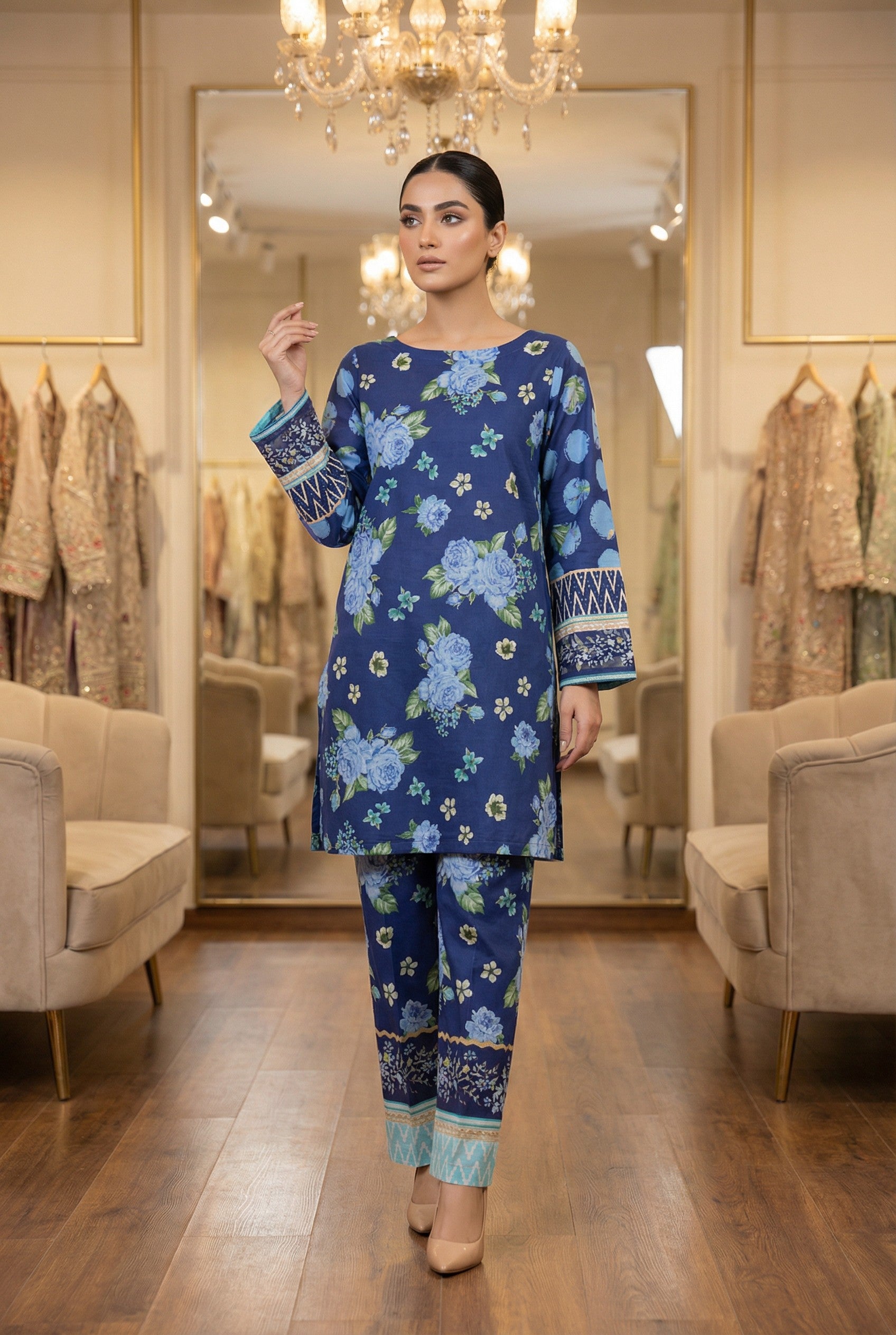 Queen Libas -Blue Khaddar 2pc Co-Ords